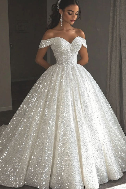 Ethereal Wedding Dress Ball Gown Off The Shoulder Sequin White Wedding Dresses Bridal Gowns DP1676
