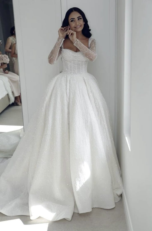 Ethereal Wedding Dress Ball Gown Long Sleeves Sequin White Wedding Dresses Bridal Gowns DP1680