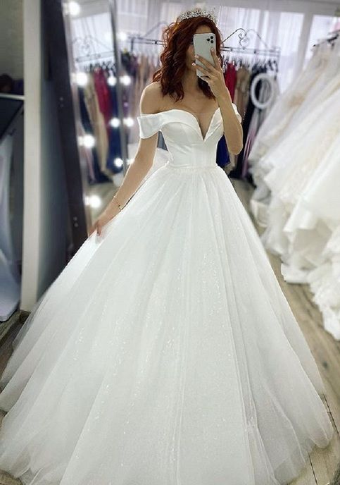Ethereal Wedding Dress Ball Gown Off The Shoulder Sequin White Wedding Dresses Bridal Gowns DP1682