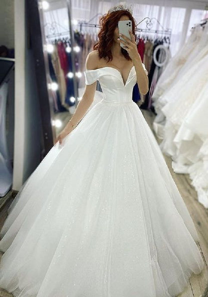 Ethereal Wedding Dress Ball Gown Off The Shoulder Sequin White Wedding Dresses Bridal Gowns DP1682