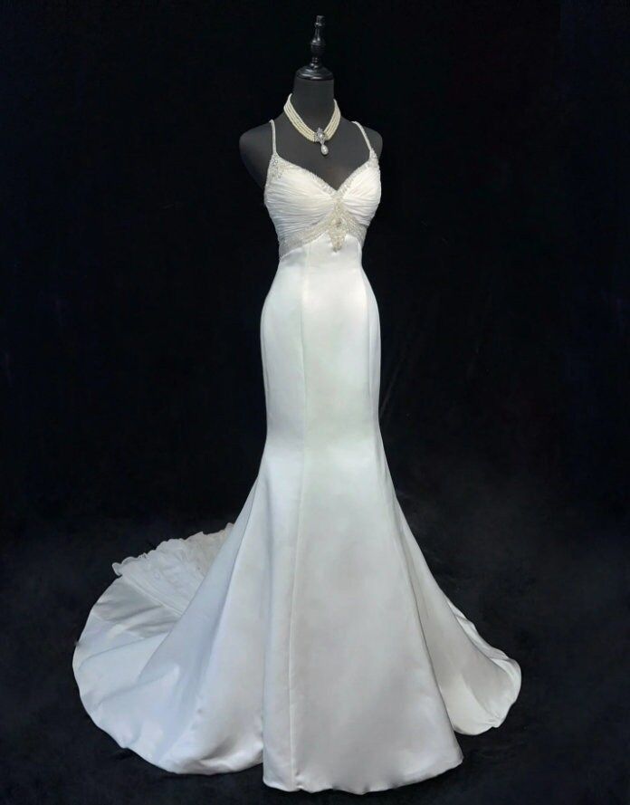 Ethereal Wedding Dress Mermaid Spaghetti Straps White Satin Wedding Dresses Bridal Gowns DP1684