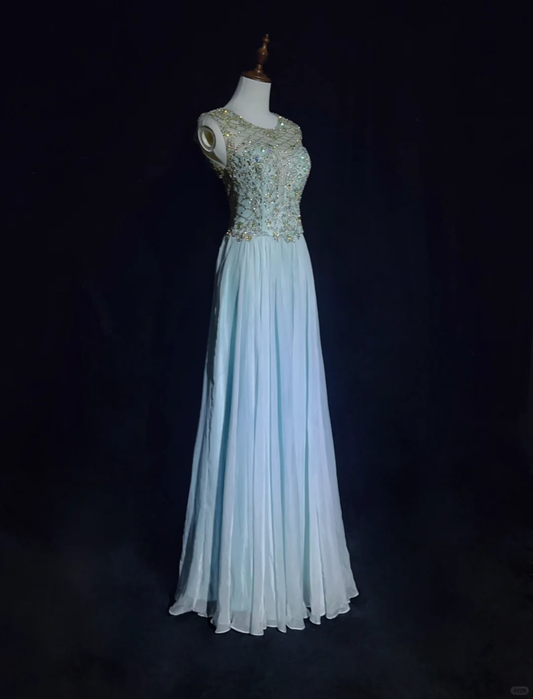 Vintage A Line Scoop Light Sky Blue Chiffon Long Prom Dress Party Dress Evening Dresses DP1690