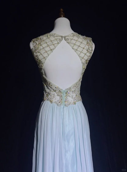 Vintage A Line Scoop Light Sky Blue Chiffon Long Prom Dress Party Dress Evening Dresses DP1690