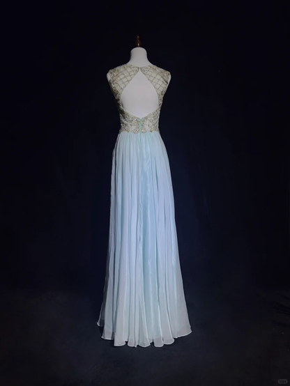 Vintage A Line Scoop Light Sky Blue Chiffon Long Prom Dress Party Dress Evening Dresses DP1690