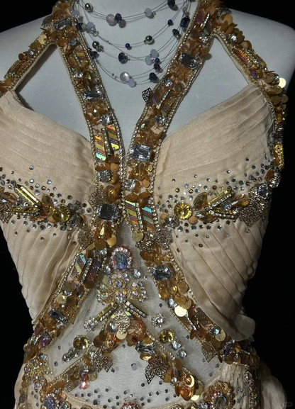 Vintage A Line Halter Chiffon Champagne Long Prom Dress Party Dress Evening Dresses DP1693