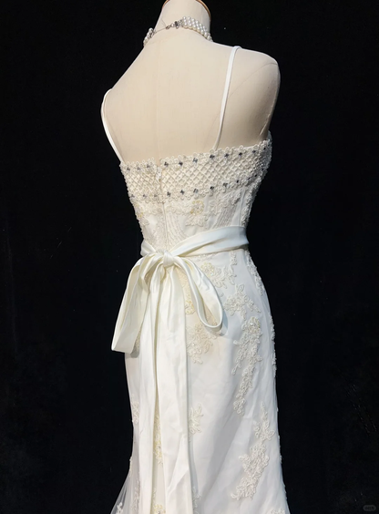 Classic Bridal Gown Mermaid Spaghetti Straps Satin White Wedding Dresses Minimalist Bridal Gowns DP1694