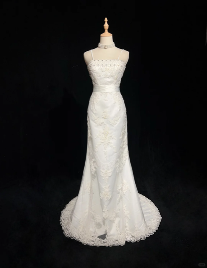 Classic Bridal Gown Mermaid Spaghetti Straps Satin White Wedding Dresses Minimalist Bridal Gowns DP1694