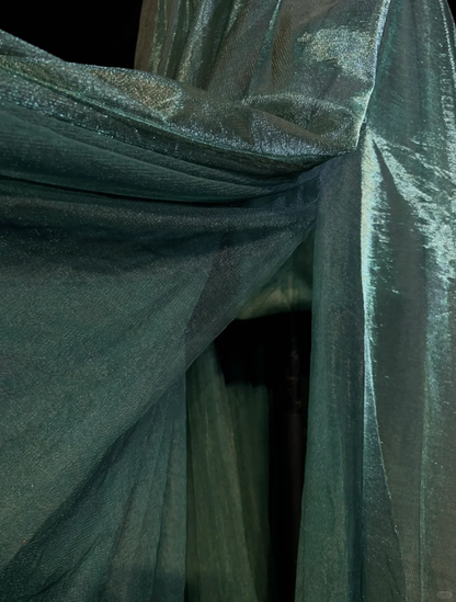 Vintage A Line Scoop Green Tulle Slit Long Prom Dress Party Dress Evening Dresses DP1695