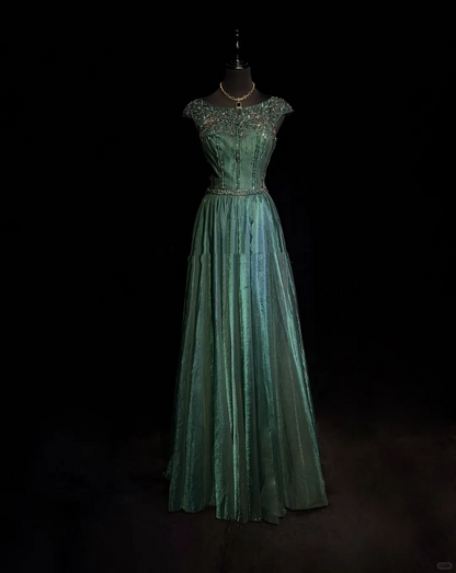 Vintage A Line Scoop Green Tulle Slit Long Prom Dress Party Dress Evening Dresses DP1695