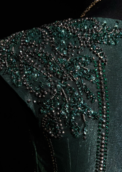 Vintage A Line Scoop Green Tulle Slit Long Prom Dress Party Dress Evening Dresses DP1695