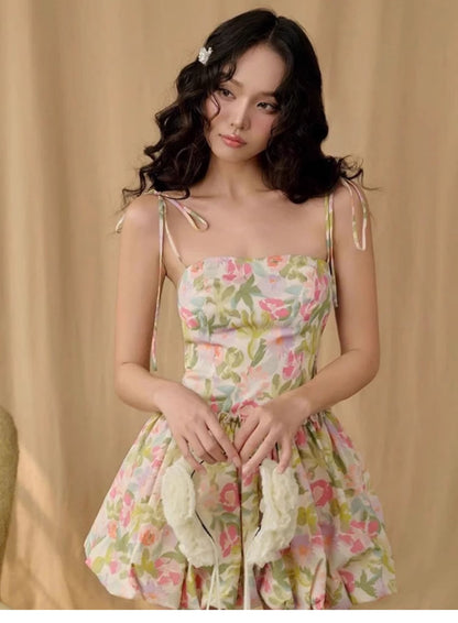 Cute Ball Gown Spaghetti Straps Floral Satin Short Summer Birthday Dress Hoco Dress Birthday Outfit 23rd Birthday Mini Party Dresses DP1703