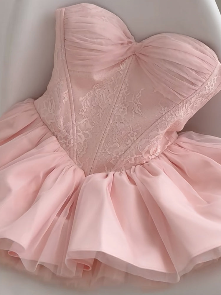 Cute Ball Gown Sweetheart Pink Lace Short Summer Birthday Dress Hoco Dress Birthday Outfit 21st Birthday Mini Party Dresses DP1704