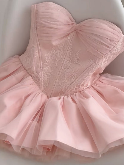 Cute Ball Gown Sweetheart Pink Lace Short Summer Birthday Dress Hoco Dress Birthday Outfit 21st Birthday Mini Party Dresses DP1704