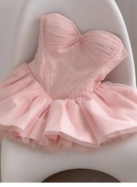 Cute Ball Gown Sweetheart Pink Lace Short Summer Birthday Dress Hoco Dress Birthday Outfit 21st Birthday Mini Party Dresses DP1704