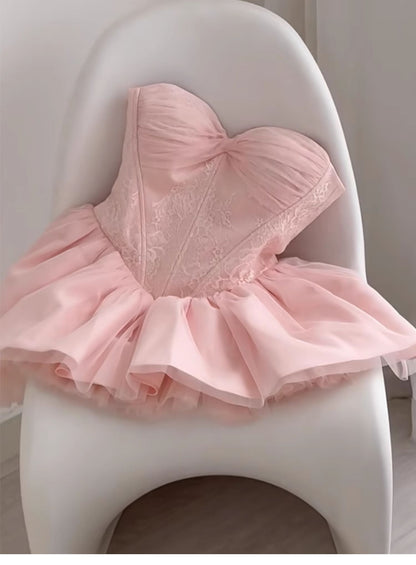 Cute Ball Gown Sweetheart Pink Lace Short Summer Birthday Dress Hoco Dress Birthday Outfit 21st Birthday Mini Party Dresses DP1704