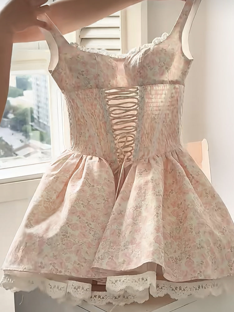 Cute Ball Gown Square Floral Pink Short Summer Birthday Dress Hoco Dress Birthday Outfit 21st Birthday Mini Party Dresses DP1707