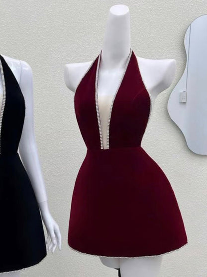 Cute A line Halter Burgundy Short Summer Birthday Dress Hoco Dress Birthday Outfit 23rd Birthday Mini Party Dresses DP1710