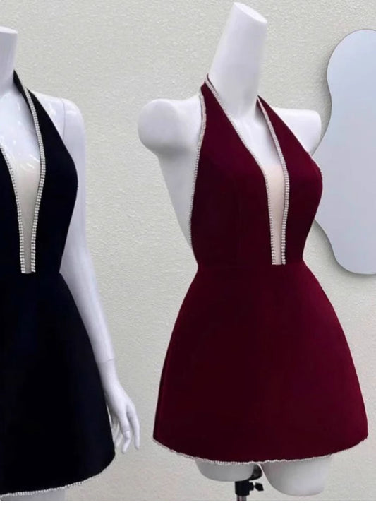 Cute A line Halter Burgundy Short Summer Birthday Dress Hoco Dress Birthday Outfit 23rd Birthday Mini Party Dresses DP1710