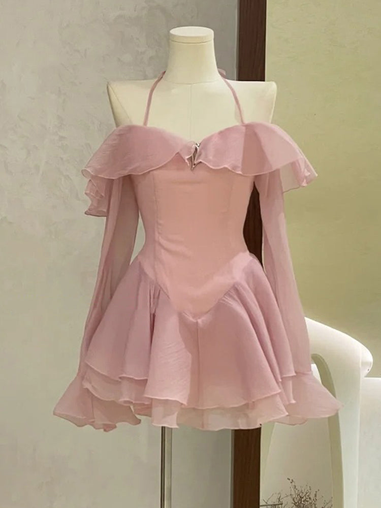 Cute A line Scoop Short Pink Chiffon Summer Birthday Dress Hoco Dress Mini Birthday Outfit 23rd Birthday Party Dresses DP1715