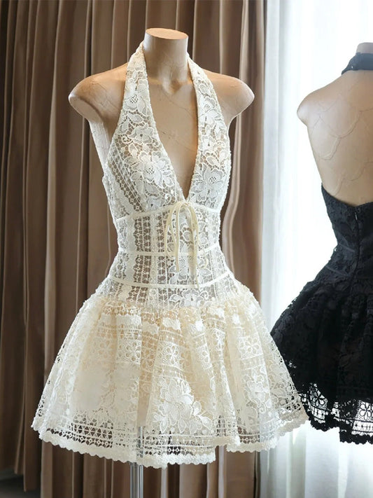 Cute A line Spaghetti Straps Short Summer Lace Birthday Dress Hoco Dress Birthday Outfit 23rd Birthday Mini Party Dresses DP1717