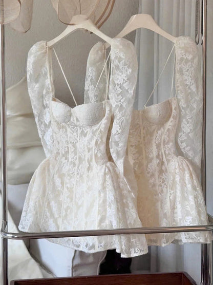 Cute A line Sweetheart Short Long Sleeves Lace White Summer Birthday Dress Hoco Dress Mini Birthday Outfit 23rd Birthday Party Dresses DP1721