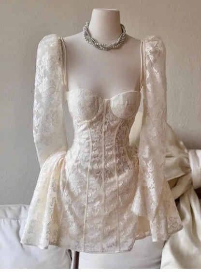 Cute A line Sweetheart Short Long Sleeves Lace White Summer Birthday Dress Hoco Dress Mini Birthday Outfit 23rd Birthday Party Dresses DP1721