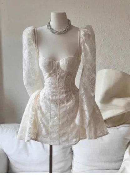 Cute A line Sweetheart Short Long Sleeves Lace White Summer Birthday Dress Hoco Dress Mini Birthday Outfit 23rd Birthday Party Dresses DP1721