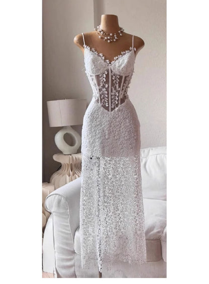 Cute A line Spaghetti Straps Lace Long Summer Birthday Dress Prom Dress Birthday Outfit 23rd Birthday Party Dresses DP1722