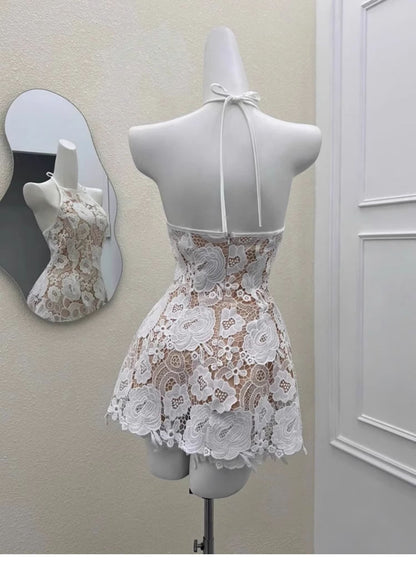 Cute A line Halter Short Satin Ivory Summer Birthday Dress Hoco Dress Mini Birthday Outfit 23rd Birthday Party Dresses DP1723