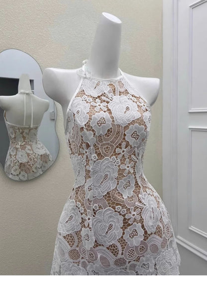 Cute A line Halter Short Satin Ivory Summer Birthday Dress Hoco Dress Mini Birthday Outfit 23rd Birthday Party Dresses DP1723