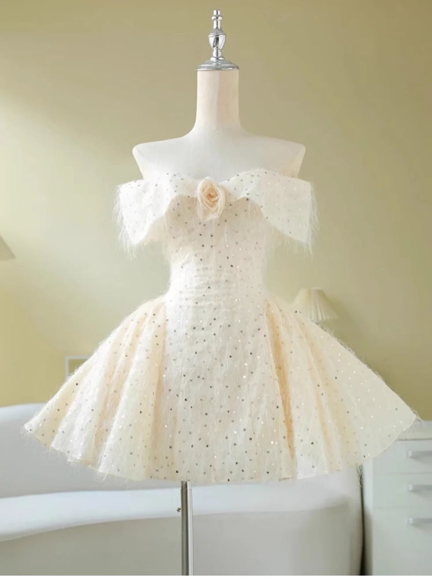 Cute Ball Gown Short Sleeves Sequin White Summer Birthday Dress Hoco Dress Mini Birthday Outfit 23rd Birthday Party Dresses DP1724