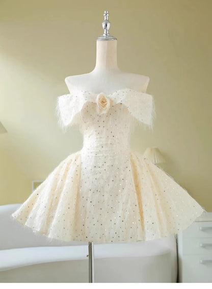 Cute Ball Gown Short Sleeves Sequin White Summer Birthday Dress Hoco Dress Mini Birthday Outfit 23rd Birthday Party Dresses DP1724