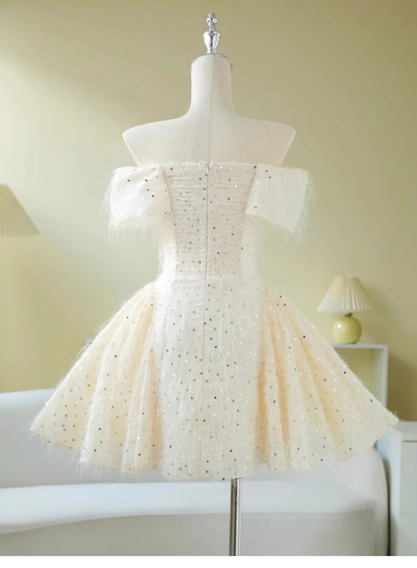 Cute Ball Gown Short Sleeves Sequin White Summer Birthday Dress Hoco Dress Mini Birthday Outfit 23rd Birthday Party Dresses DP1724