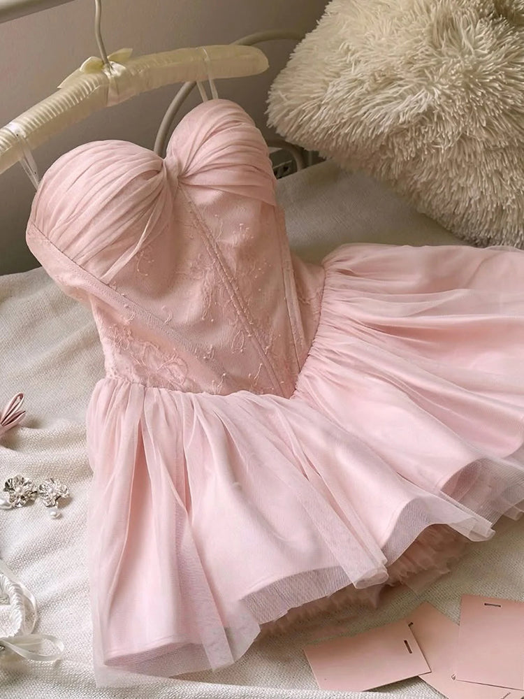 Cute Ball Gown Sweetheart Pink Lace Short Summer Birthday Dress Hoco Dress Birthday Outfit 21st Birthday Mini Party Dresses DP1726