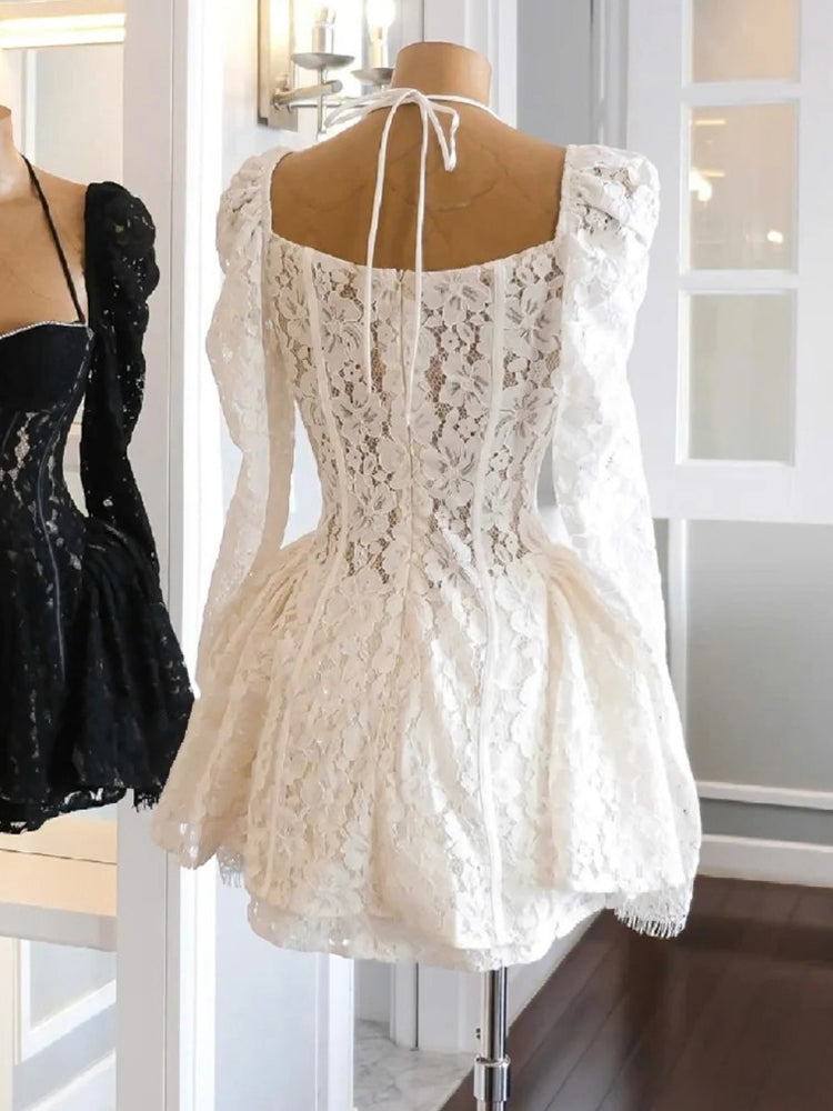 Cute A line Sweetheart Short Long Sleeves Lace White Summer Birthday Dress Hoco Dress Mini Birthday Outfit 21st Birthday Party Dresses DP1727