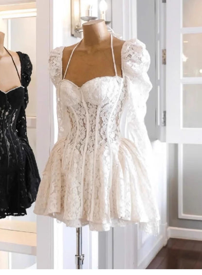 Cute A line Sweetheart Short Long Sleeves Lace White Summer Birthday Dress Hoco Dress Mini Birthday Outfit 21st Birthday Party Dresses DP1727
