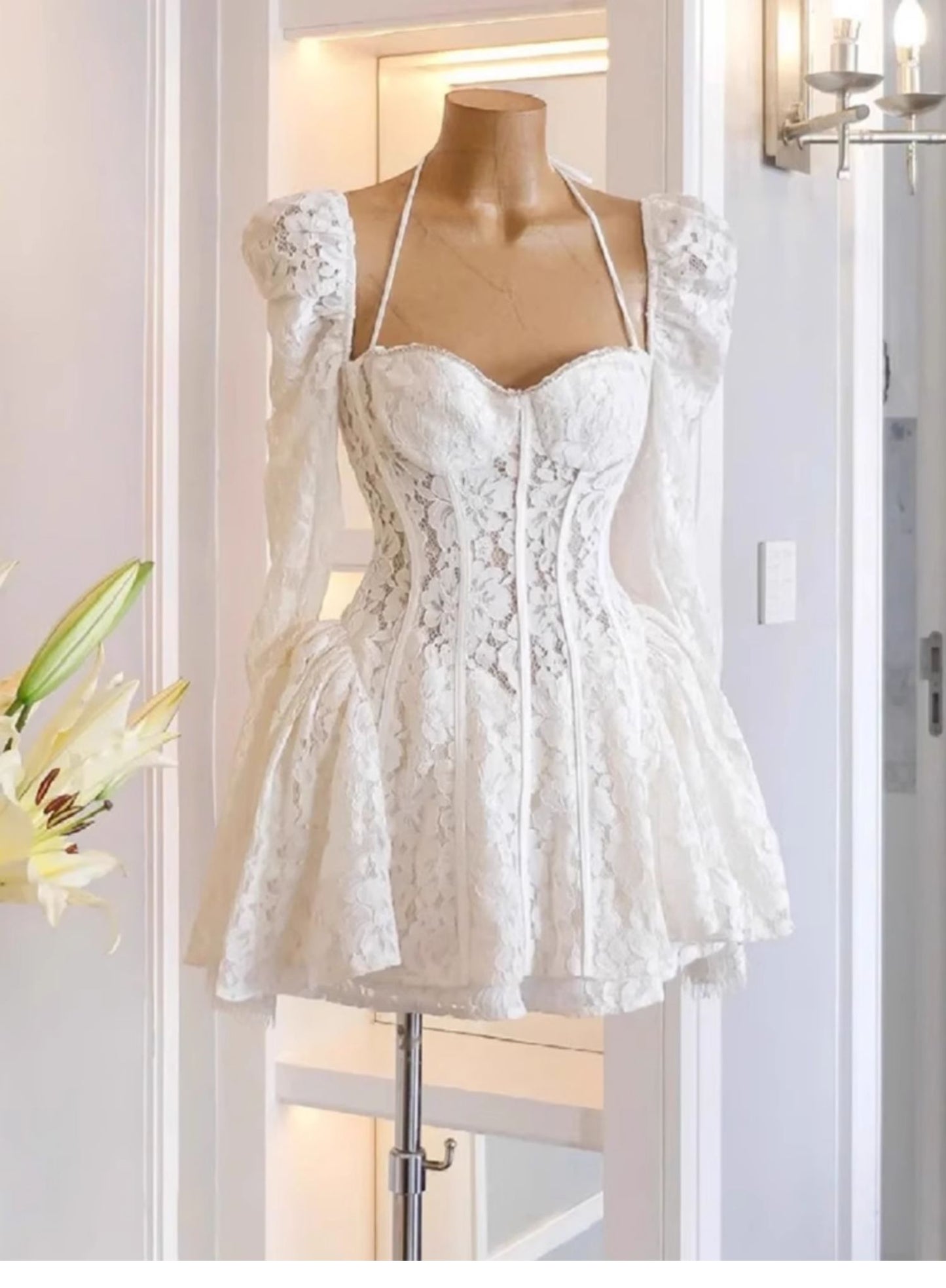 Cute A line Sweetheart Short Long Sleeves Lace White Summer Birthday Dress Hoco Dress Mini Birthday Outfit 21st Birthday Party Dresses DP1727
