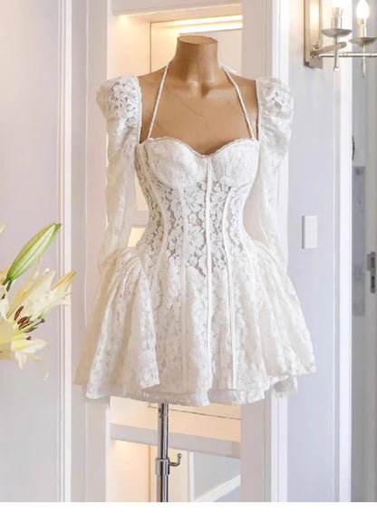 Cute A line Sweetheart Short Long Sleeves Lace White Summer Birthday Dress Hoco Dress Mini Birthday Outfit 21st Birthday Party Dresses DP1727