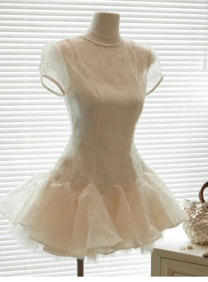 Cute A line Scoop Short Short Sleeves Lace Summer Birthday Dress Hoco Dress Mini Birthday Outfit 21st Birthday Party Dresses DP1728