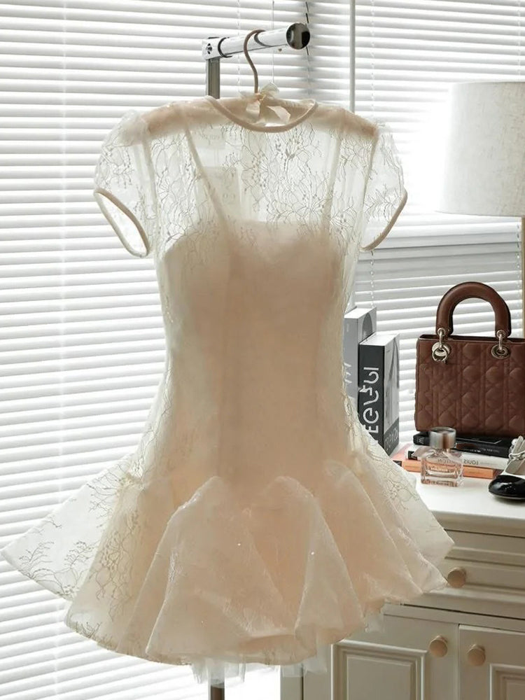 Cute A line Scoop Short Short Sleeves Lace Summer Birthday Dress Hoco Dress Mini Birthday Outfit 21st Birthday Party Dresses DP1728