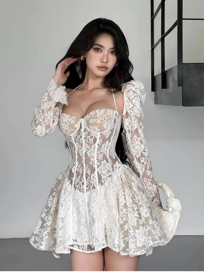 Cute A line Sweetheart Short Long Sleeves Lace White Summer Birthday Dress Hoco Dress Mini Birthday Outfit 23rd Birthday Party Dresses DP1730