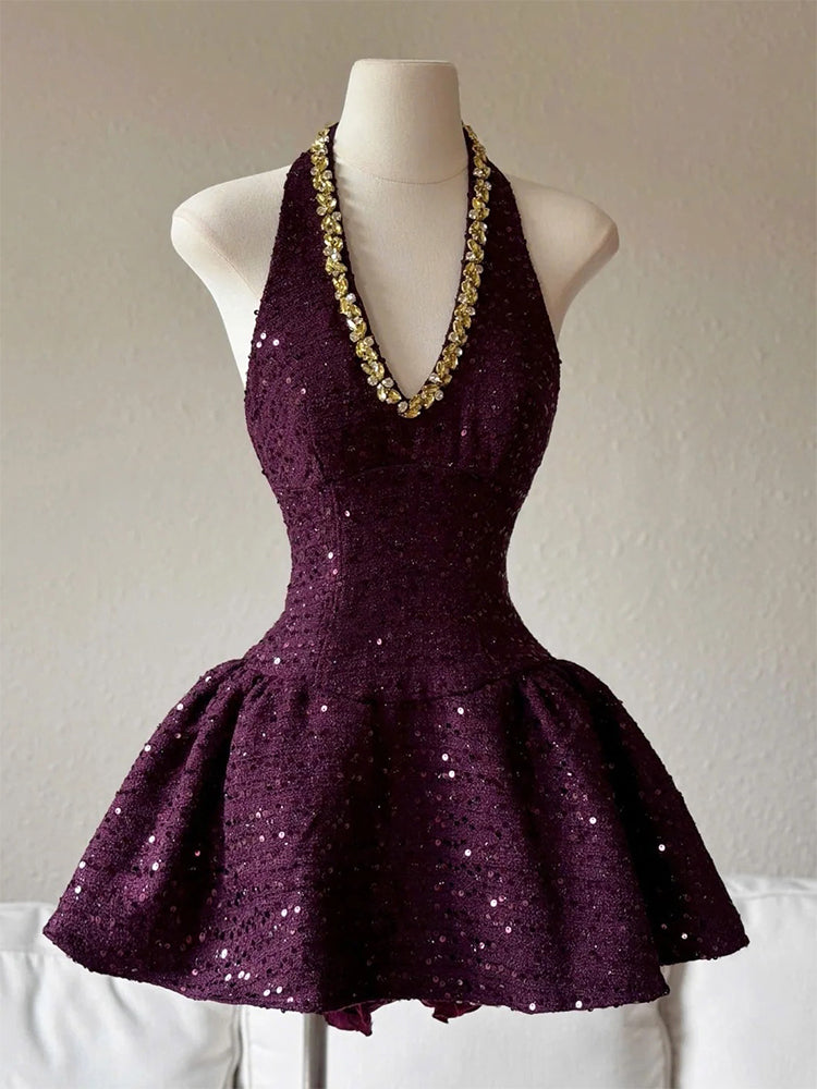 Cute A line Halter Grape Sequin Short Summer Birthday Dress Hoco Dress Mini Birthday Outfit 23rd Birthday Party Dresses DP1735