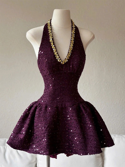 Cute A line Halter Grape Sequin Short Summer Birthday Dress Hoco Dress Mini Birthday Outfit 23rd Birthday Party Dresses DP1735