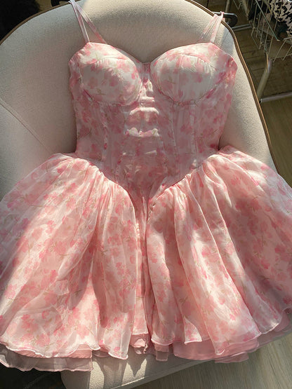 Cute Ball Gown Spaghetti Straps Floral Short Summer Birthday Dress Hoco Dress Mini Birthday Outfit 23rd Birthday Party Dresses DP1736
