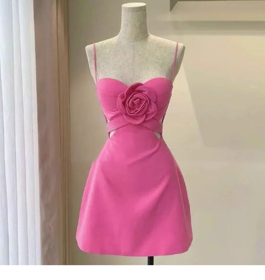 Cute A line Short Hot Pink Satin Summer Birthday Dress Hoco Dress Mini Birthday Outfit 23rd Birthday Party Dresses DP1738
