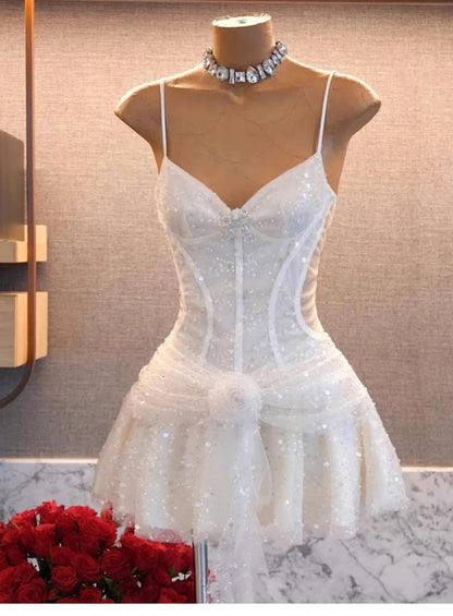 Cute A line Spaghetti Straps Short Summer Sequin Birthday Dress Hoco Dress Birthday Outfit 23rd Birthday Mini Party Dresses DP1741