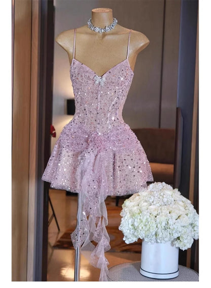 Cute A line Spaghetti Straps Short Summer Sequin Birthday Dress Hoco Dress Birthday Outfit 23rd Birthday Mini Party Dresses DP1741