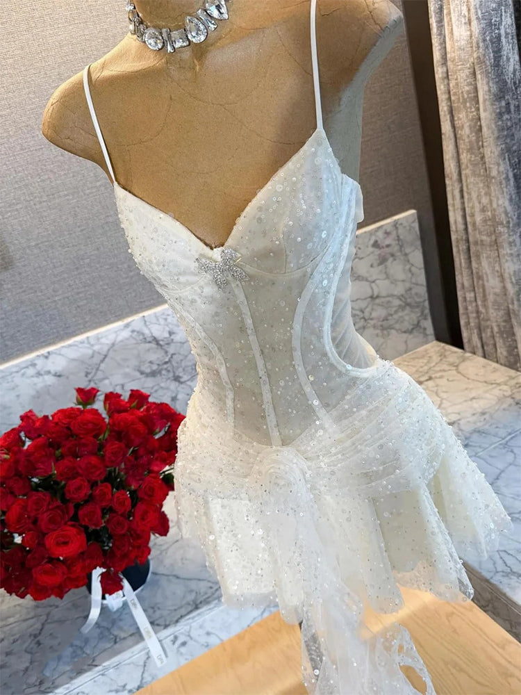 Cute A line Spaghetti Straps Short Summer Sequin Birthday Dress Hoco Dress Birthday Outfit 23rd Birthday Mini Party Dresses DP1741