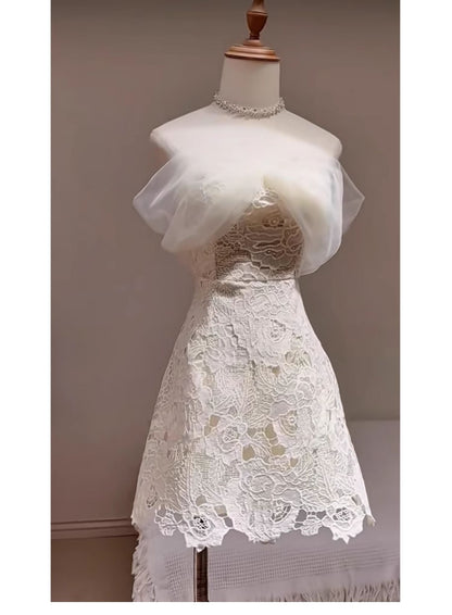 Cute A line Off The Shoulder White Summer Lace Homecoming Dress Hoco Dress Mini 20th Birthday Outfit Cocktail Dresses DP1744