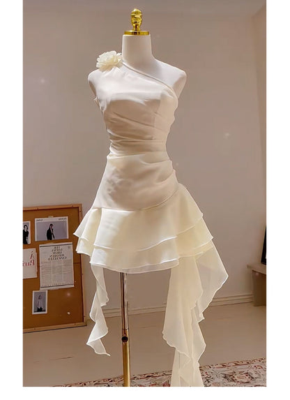 Cute A line One Shoulder White Summer Homecoming Dress Hoco Dress Mini 18th Birthday Outfit Cocktail Dresses DP1749